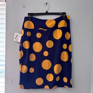 LuLaRoe Cassie Pencil Skirt Blue with Mustard Polka Dots